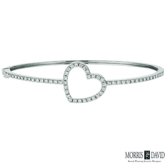 1.00 Carat Natural Diamond Heart Bangle Bracelet 14K White Gold